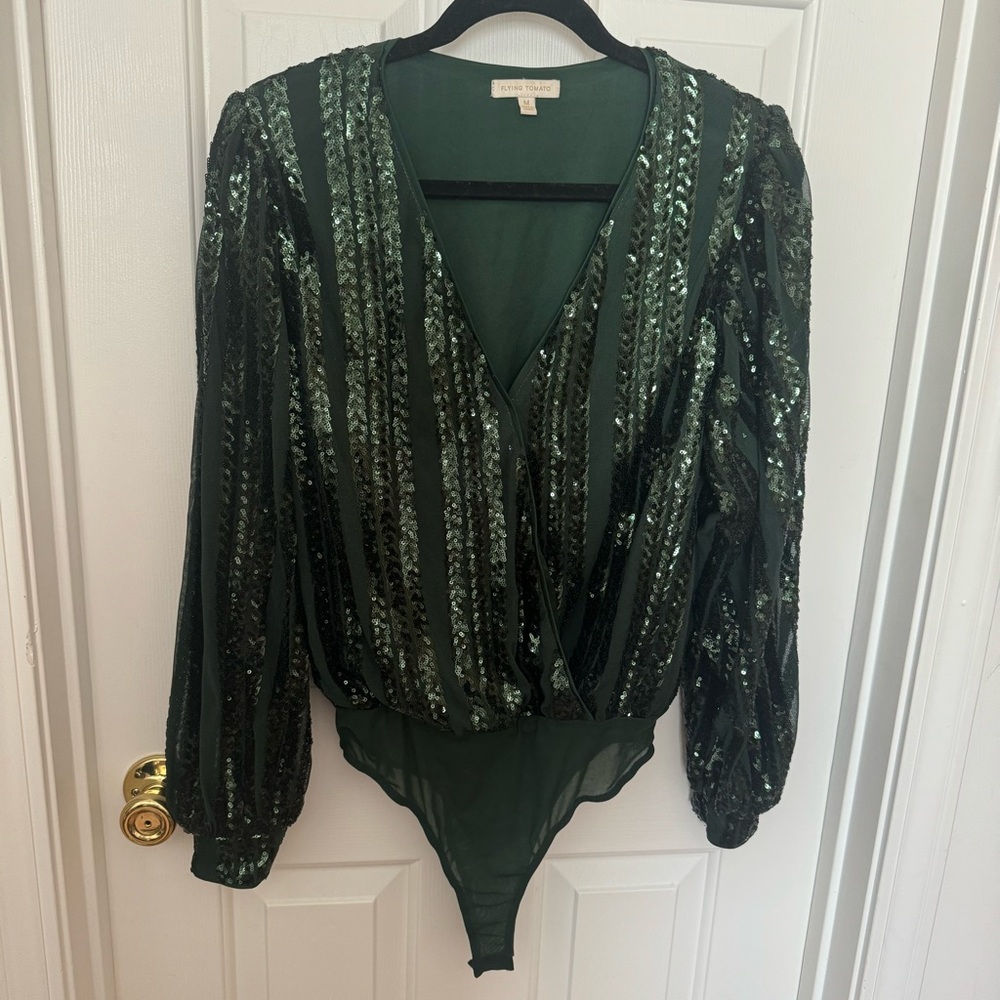 Sequin Wrap Bodysuit With Long Sleeve Green Size M